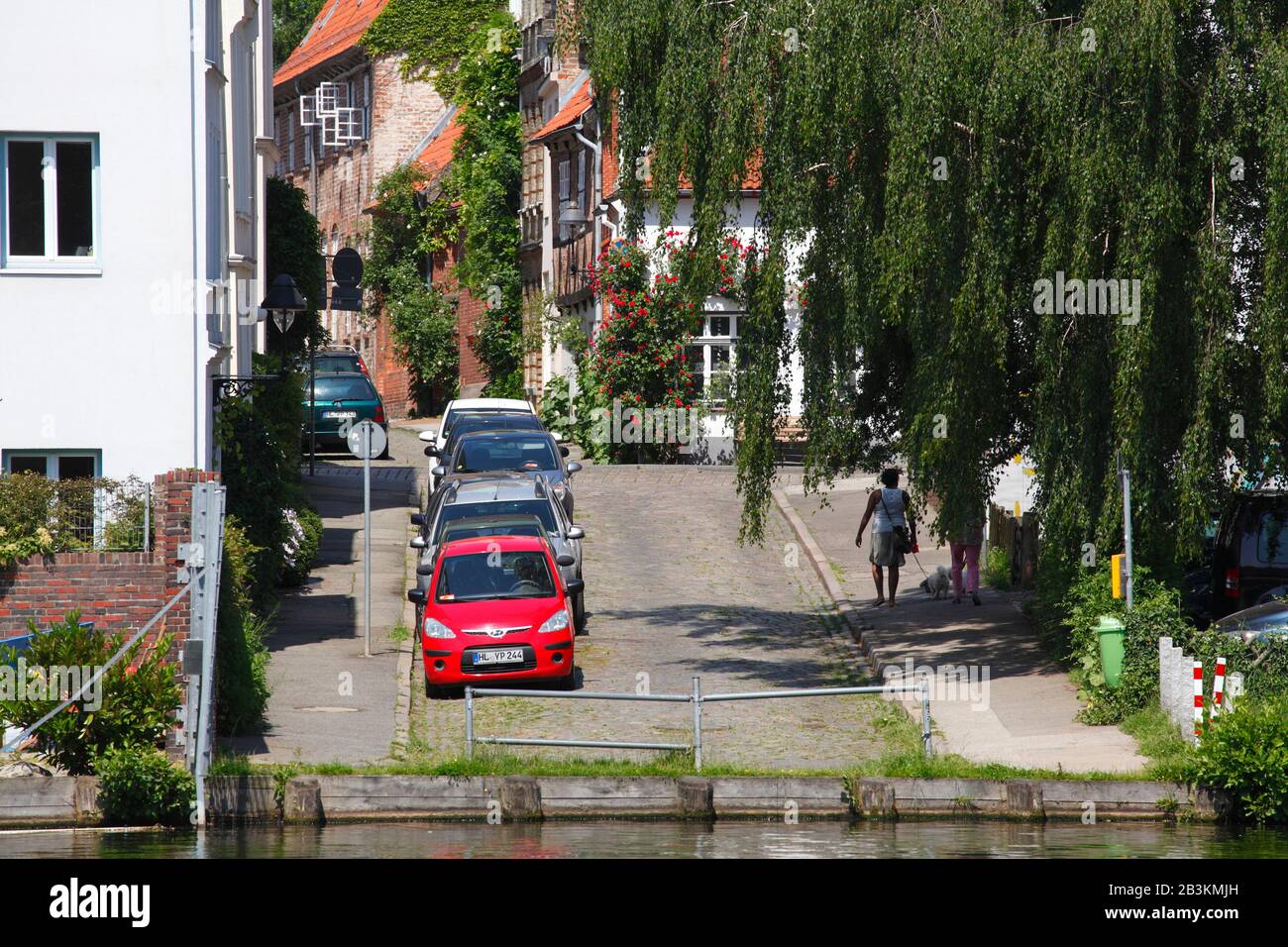 Street, parked cars, Alte Hausafassaden, Luebeck, Schleswig-Holstein, Germany, Europe Stock Photo