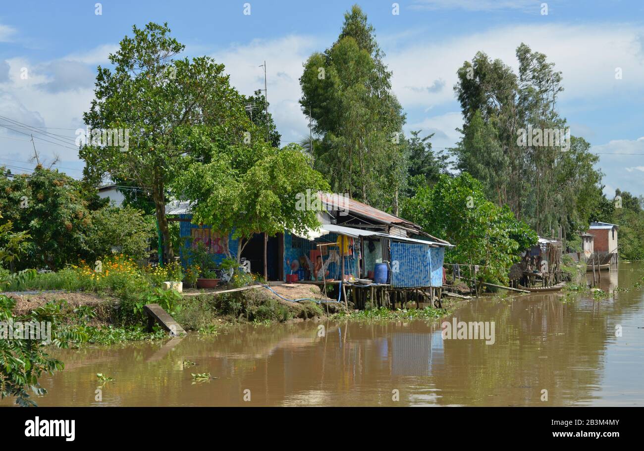 Huetten, Kanal zwischen Sa Dec und Can Tho, Mekongdelta, Vietnam Stock Photo