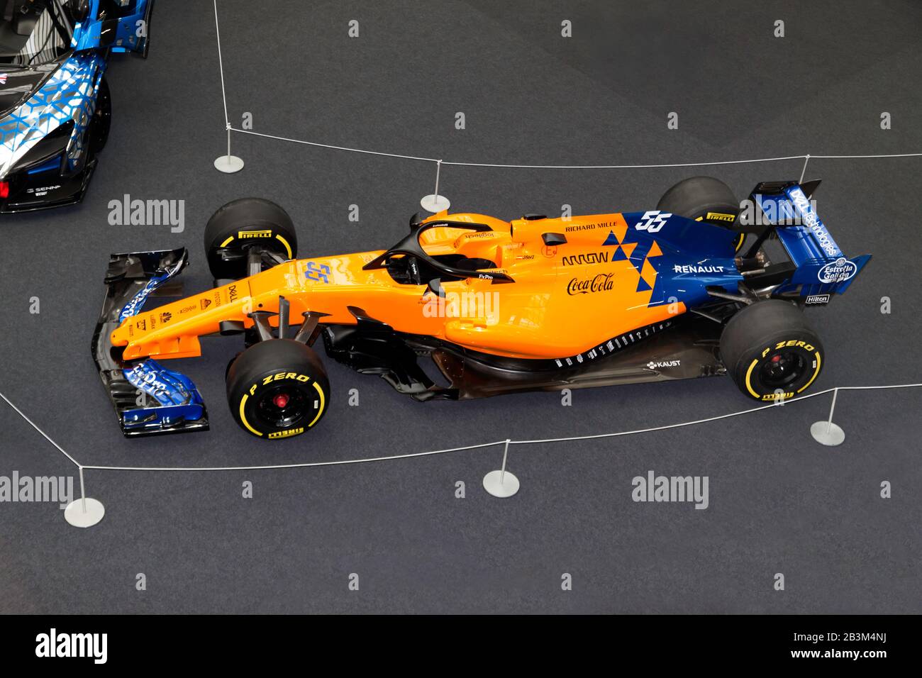 Aerial view of Carlos Sainz Jr, 2019, McLaren MCL34 Formula 1 Car, on display at the Car Stories Stage, as part of 'A Tribute to Bruce McLaren' Stock Photo