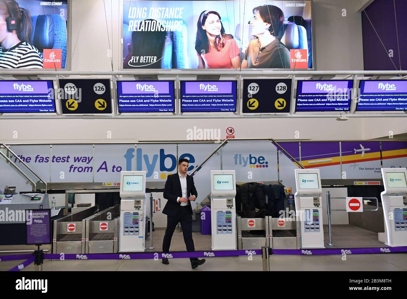 Empty Flybe checkin desks at Birmingham International Airport as Flybe