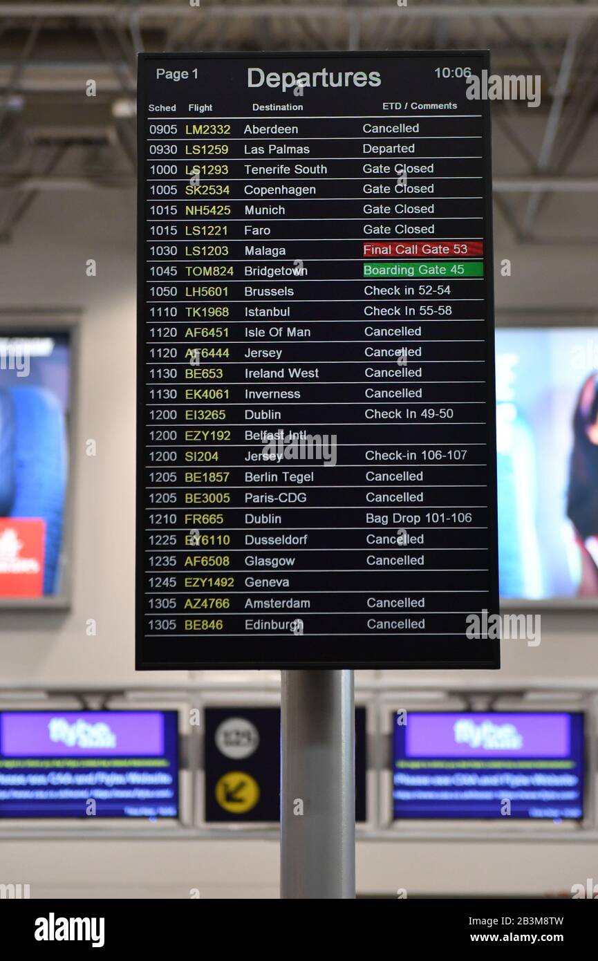 The flight departures board at Birmingham International Airport as Flybe,  Europe's biggest regional airline, has collapsed into administration Stock  Photo - Alamy