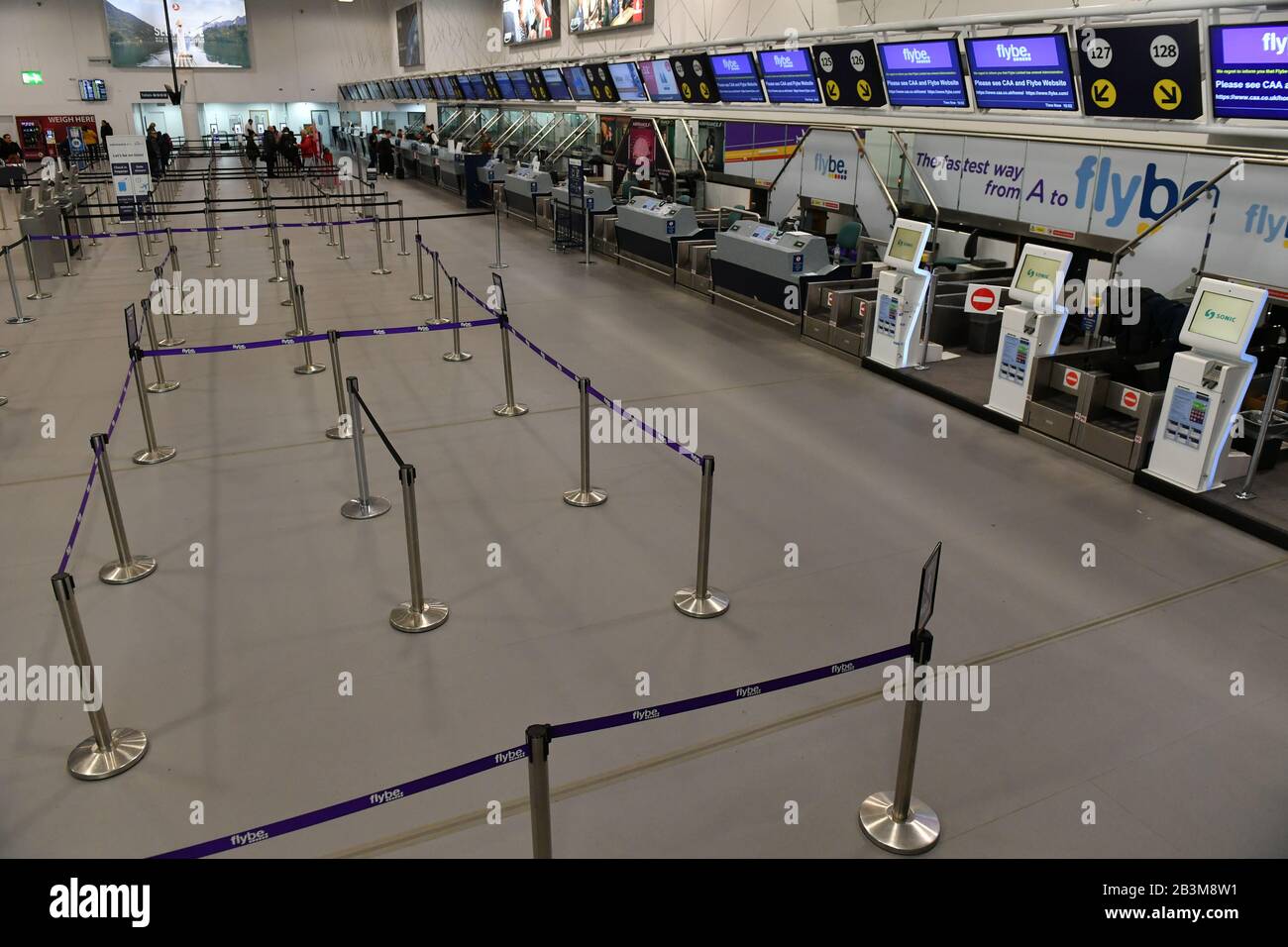 Empty Flybe checkin desks at Birmingham International Airport as Flybe