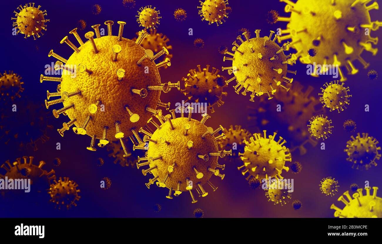 infection conceptual picture medical illustration. Floating flu pathogen in China. Dangerous asian corona virus N-COV, DNA, background design. Metalli Stock Photo