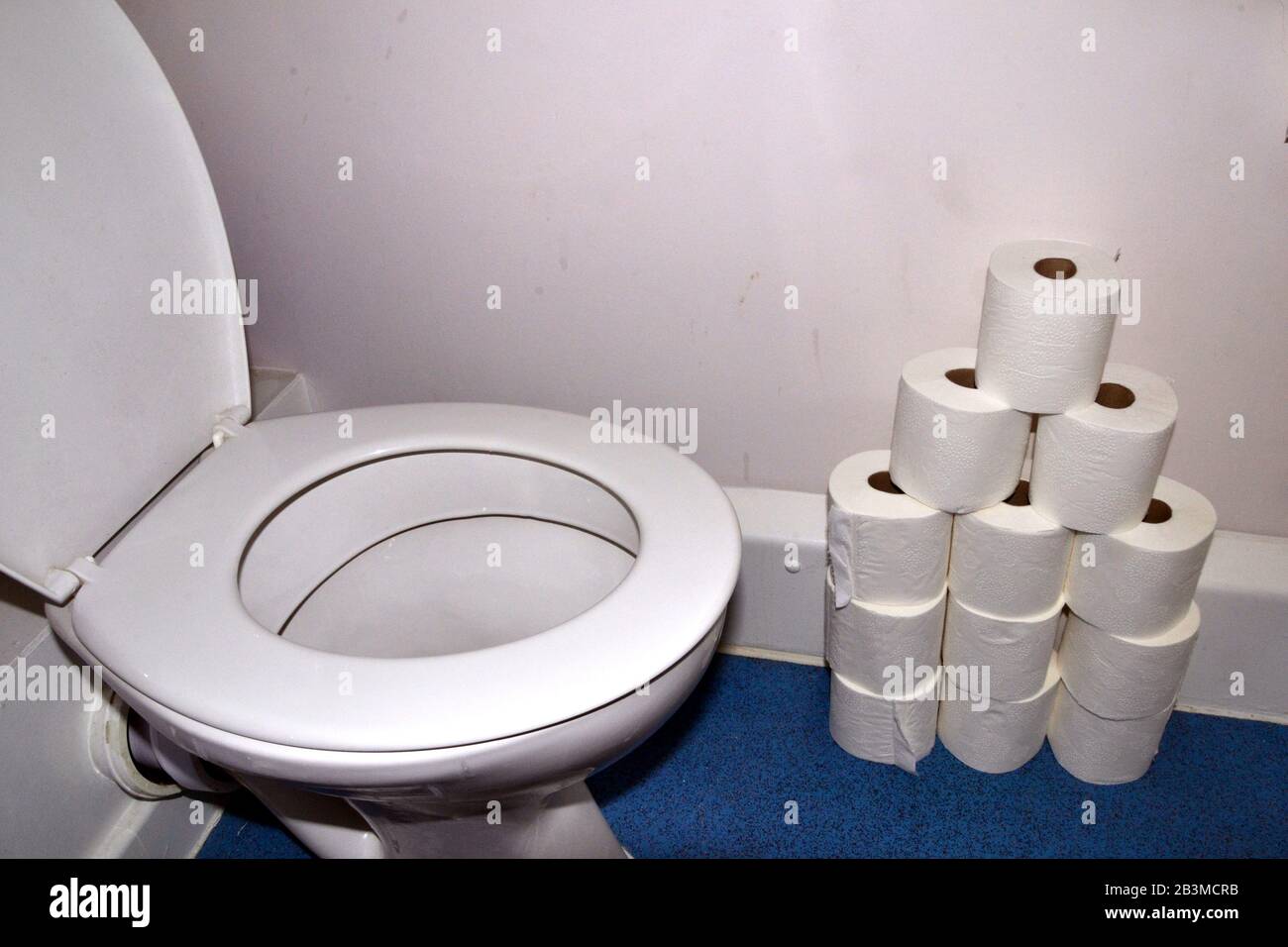 A pile of of toilet rolls on the floor beside a toilet or wc in a