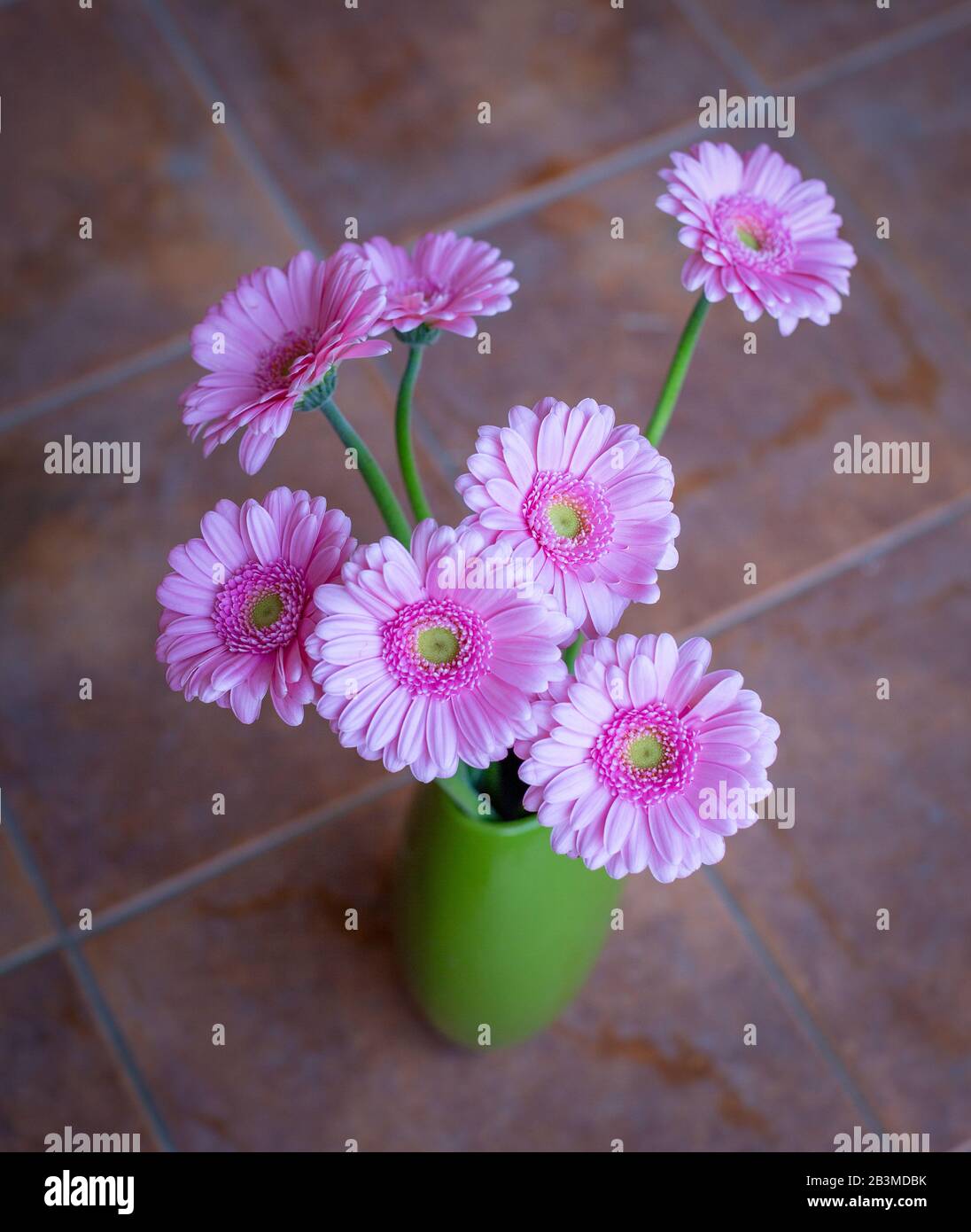 Beautiful pink gerbera flowers bouquet in green vase. Top view Stock