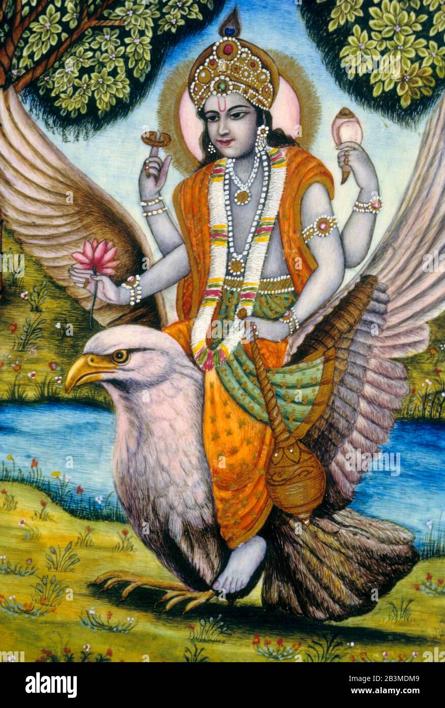 Lord Vishnu sitting on Garuda holding gada conch shell sudarshan ...