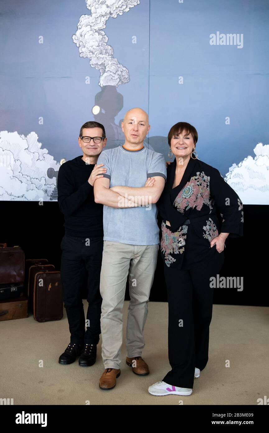 Berlin, Germany. 05th Mar, 2020. Christoph Marti (l-r), Tobias Bonn and  Andreja Schneider from Geschwister Pfister present themselves at the press  conference for the play "Murder on the Orient Express". Actress Thalbach