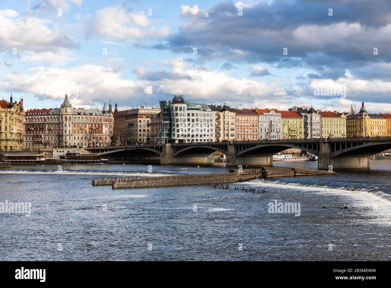Dancing House (Ginger and Fred), bridge, Jiraskuv most, water, river