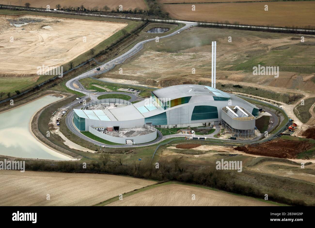 aerial view of the Ardley Energy Recovery Facility (ERF) near the M40 motorway at Bicester, Oxfordshire Stock Photo