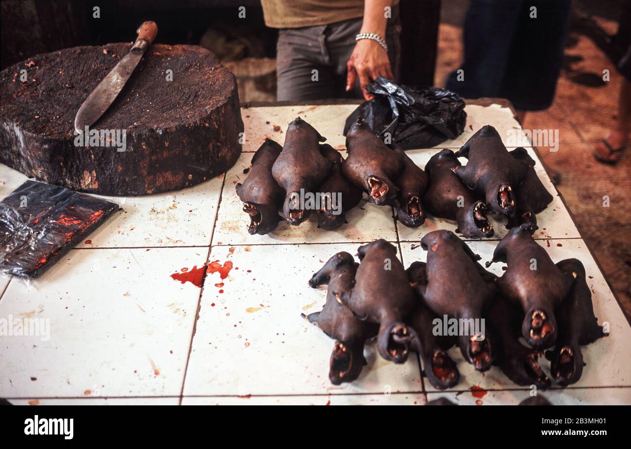 20.04.2009, Tomohon, Sulawesi, Indonesia, Asia - Roasted giant fruit bats or flying foxes are offered for consumption at the traditional Extreme Meat. Stock Photo