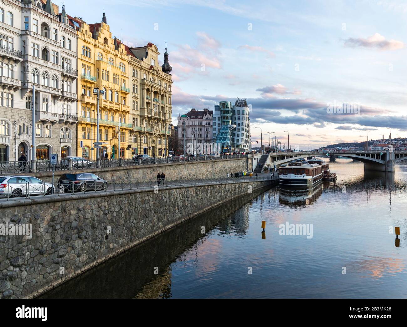 Dancing House (Ginger and Fred), bridge, Jiraskuv most, water, river