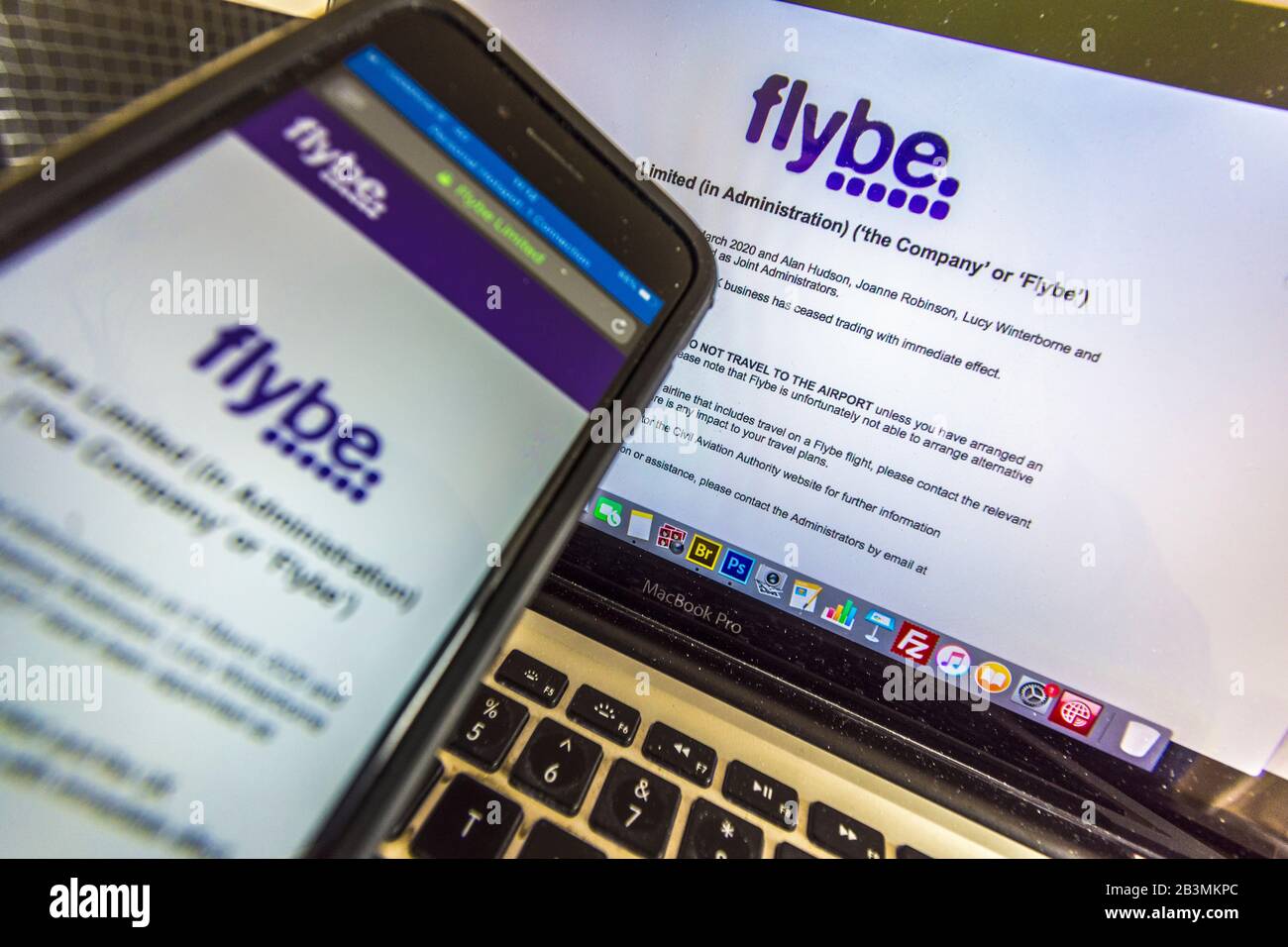 Ireland. 5th March 2020. Flybe entered Administration on 5 March 2020 and Alan Hudson, Joanne Robinson, Lucy Winterborne and Simon Edel of EY have been appointed as Joint Administrators. All flights have been grounded and the UK business has ceased trading with immediate effect. Image shows notification to customers on website and App. Stock Photo