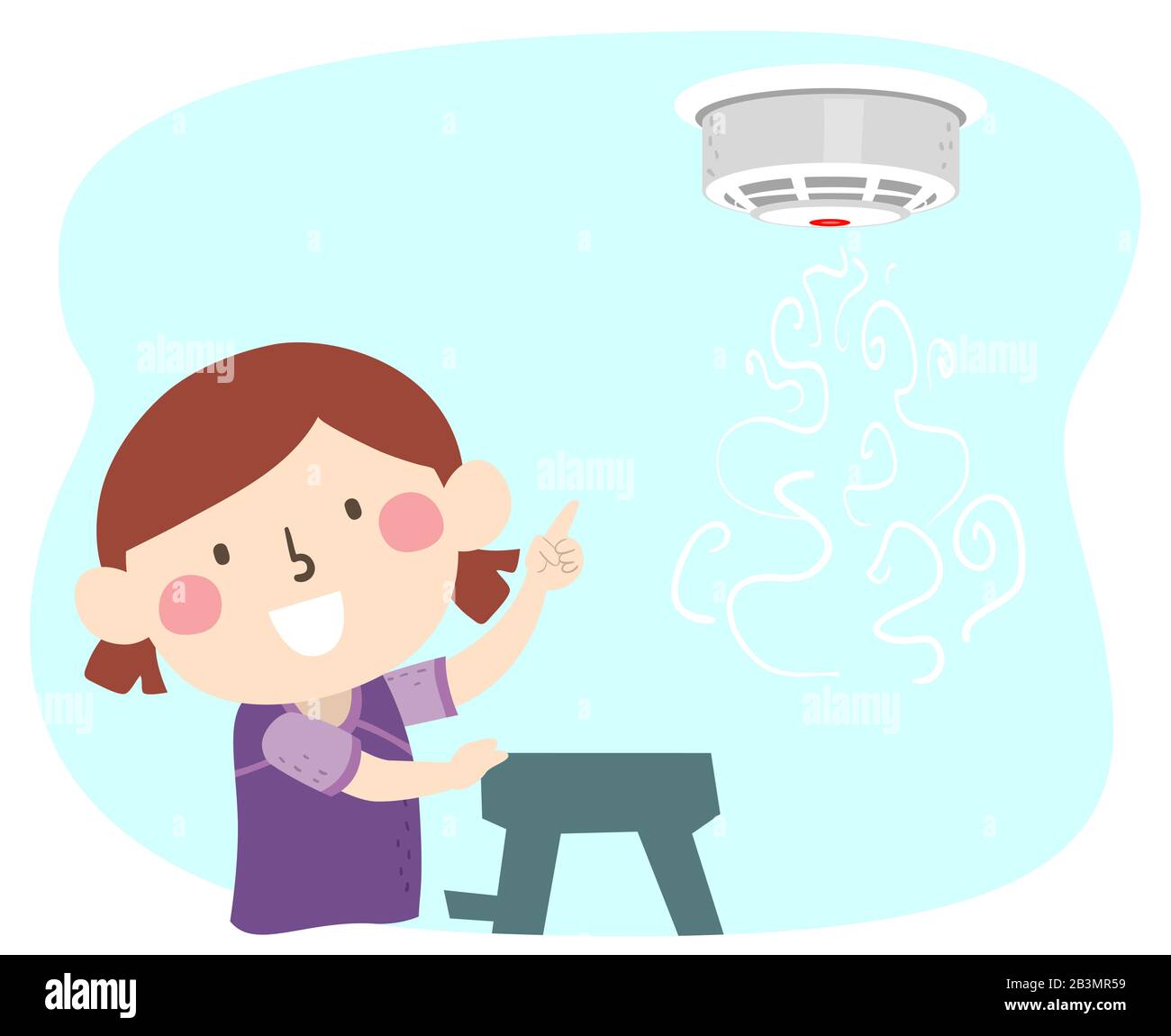 Illustration of a Kid Girl on a Ladder with Smoke Around Her and Pointing to a Smoke Detector Fire Alarm Device on the Ceiling Stock Photo