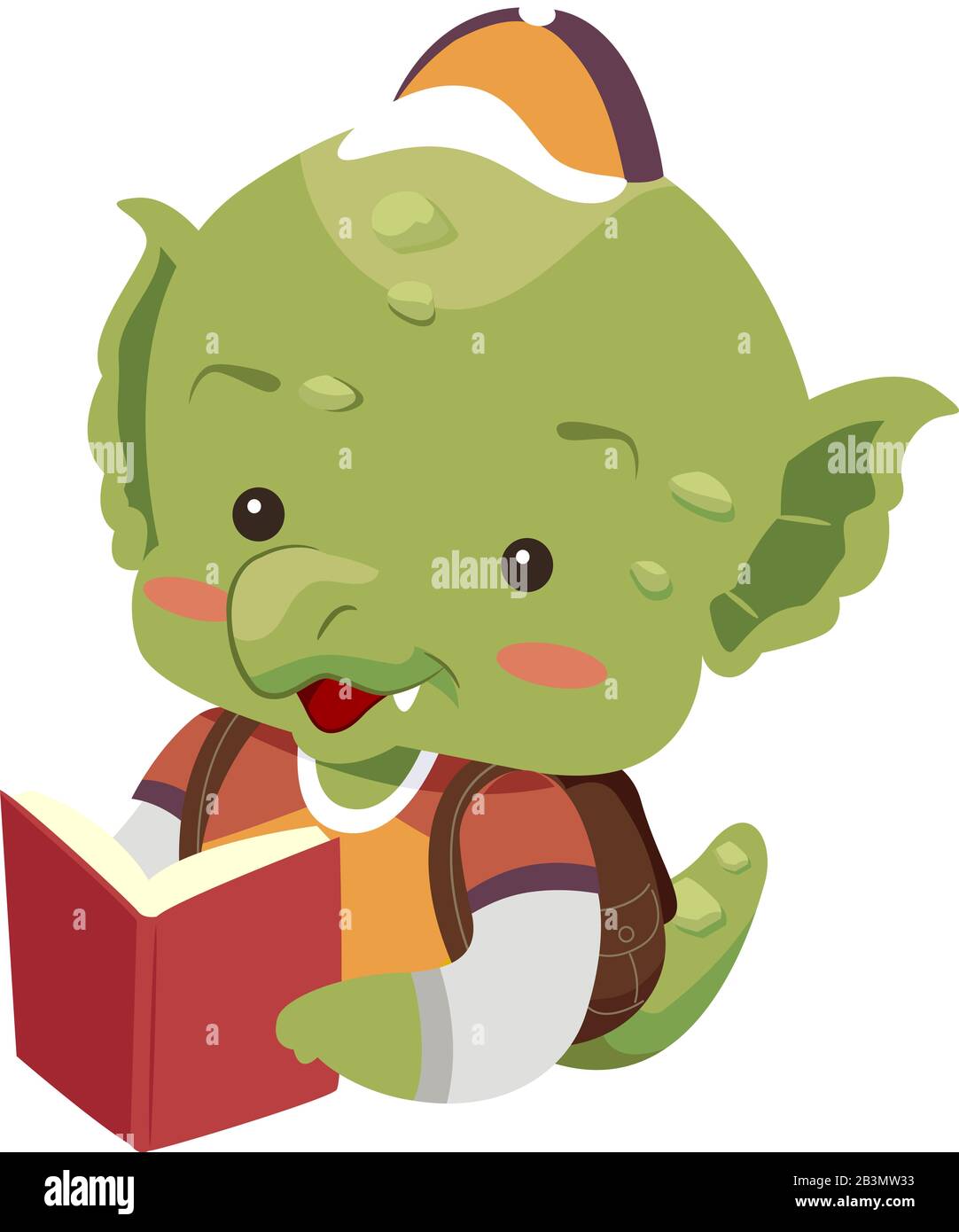 Illustration of a Cute Dragon Mascot Carrying a Back Pack and Reading a Book Stock Photo