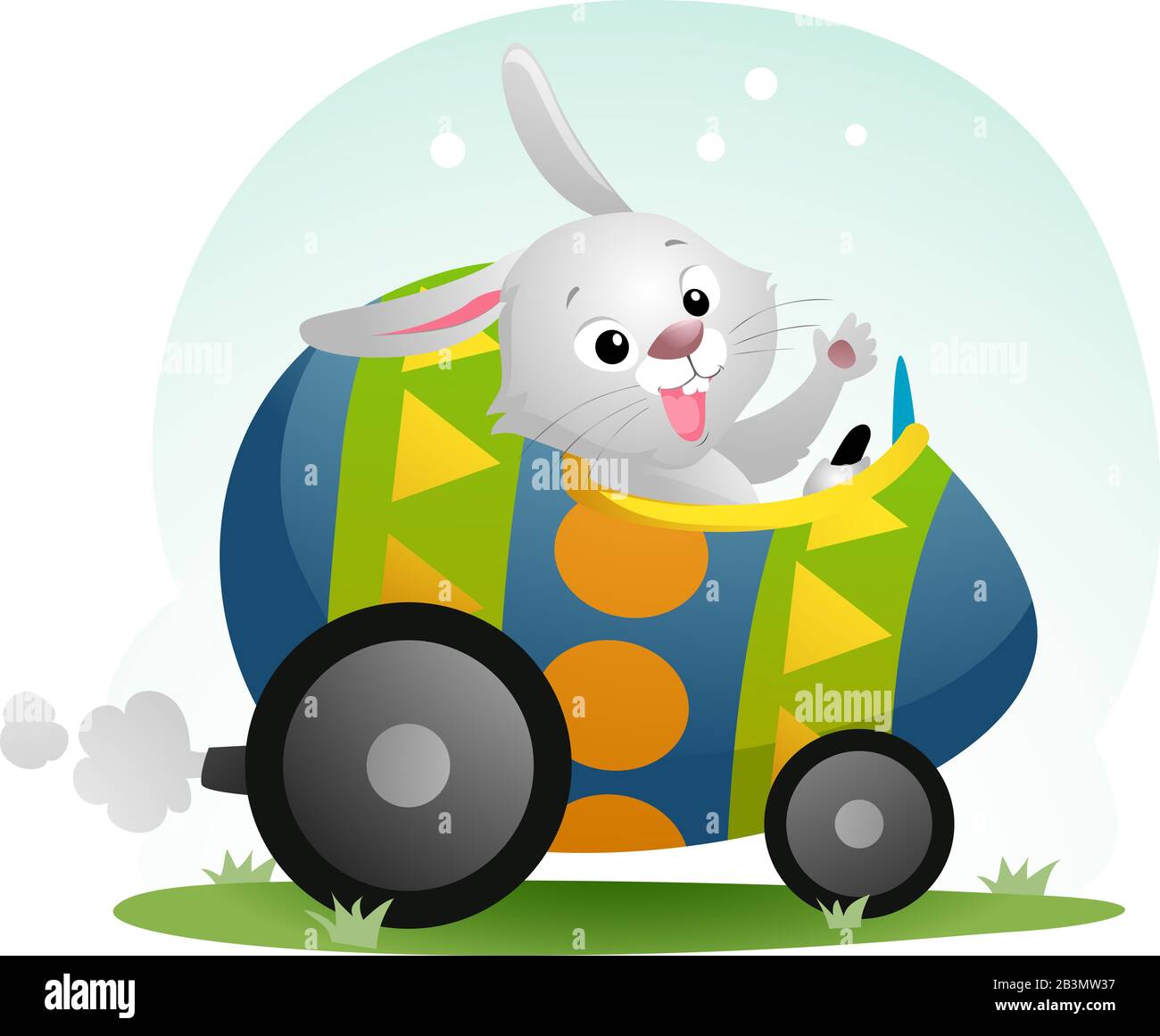 Illustration of a Cute Rabbit Waving an Driving an Egg Shaped Car for