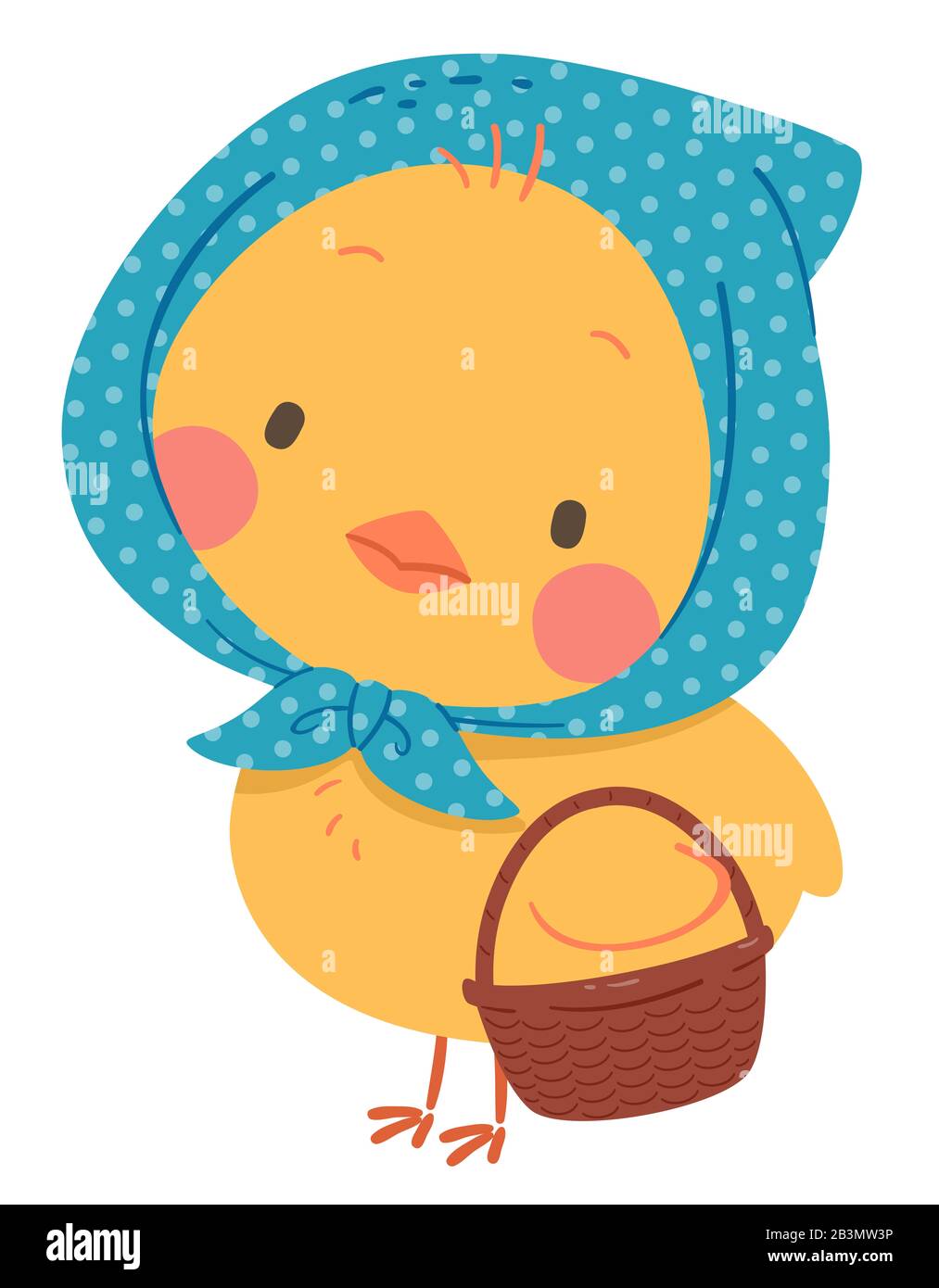 Illustration of a Cute Chick Wearing Handkerchief Headscarf and Holding a Basket for Easter Stock Photo