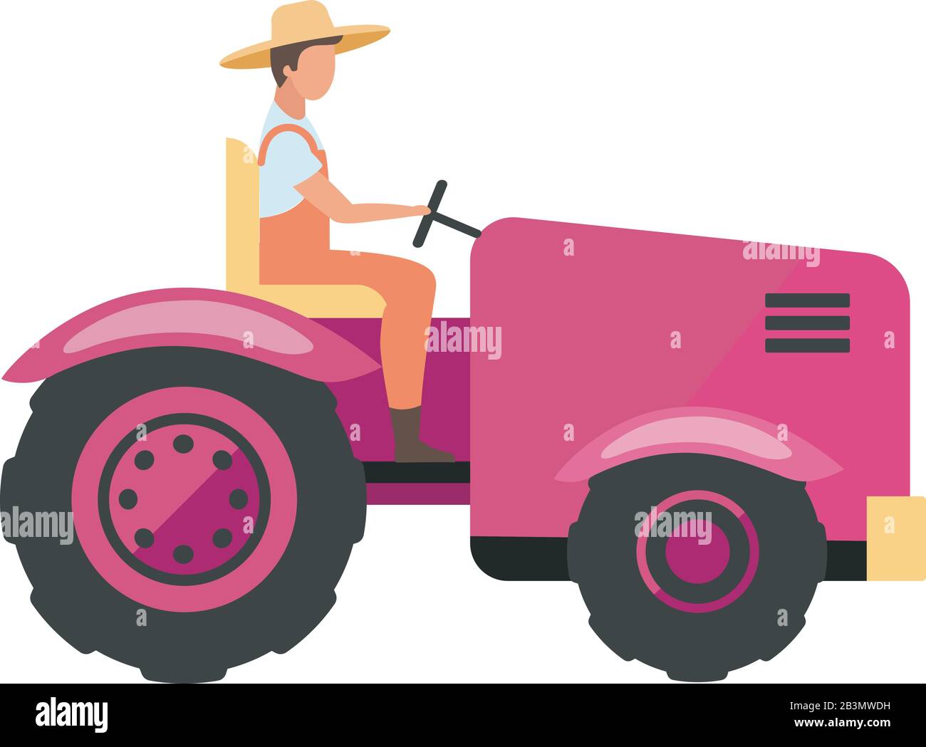 Agricultural machinery flat vector illustration. Farm worker driving agriculture mini tractor cartoon character. Harvesting and cultivation vehicle Stock Vector