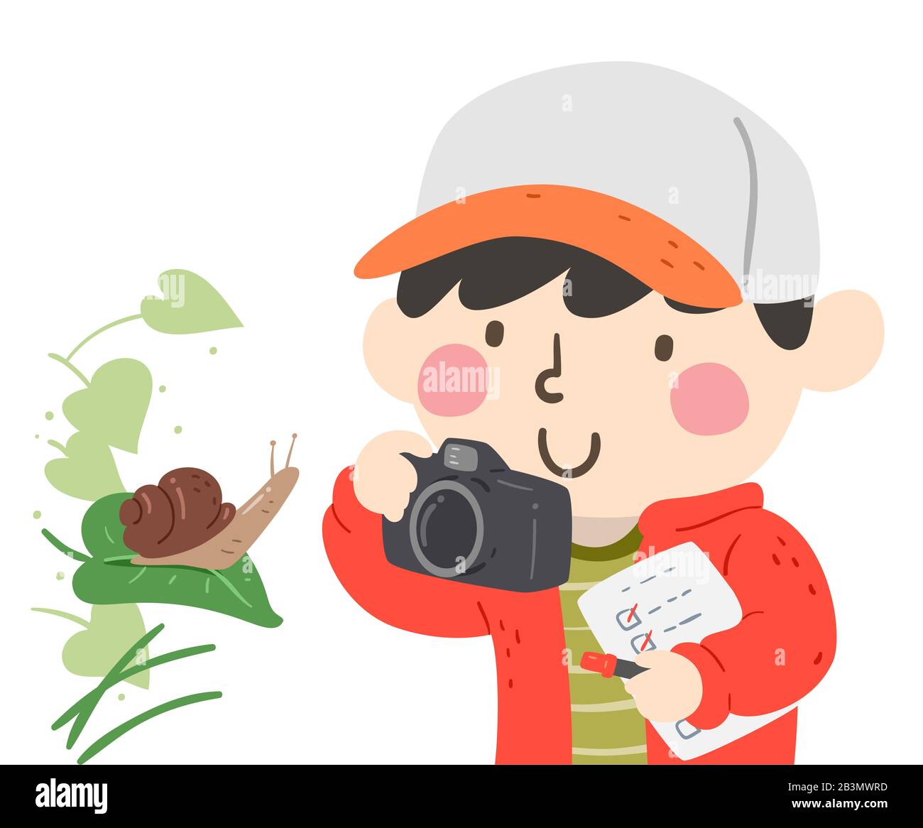Illustration of a Kid Boy on a Spring Photo Hunt Taking Picture of a Snail and Holding a Checklist Stock Photo