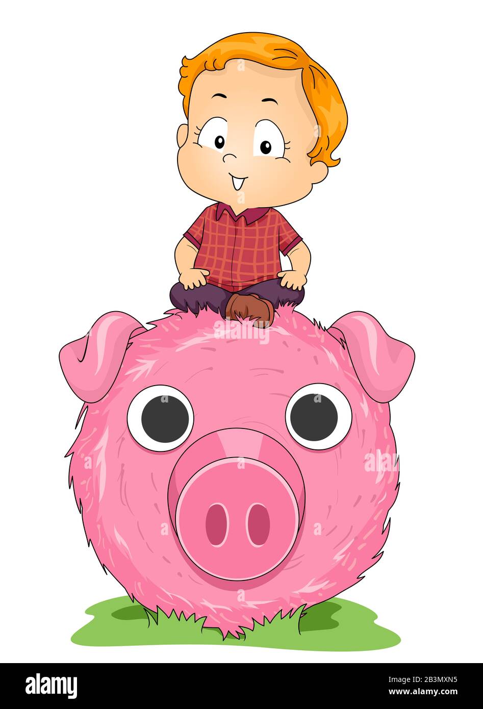 Illustration of a Kid Boy Sitting on a Round Pig Face Made of Haystack for Art in Farm Stock Photo