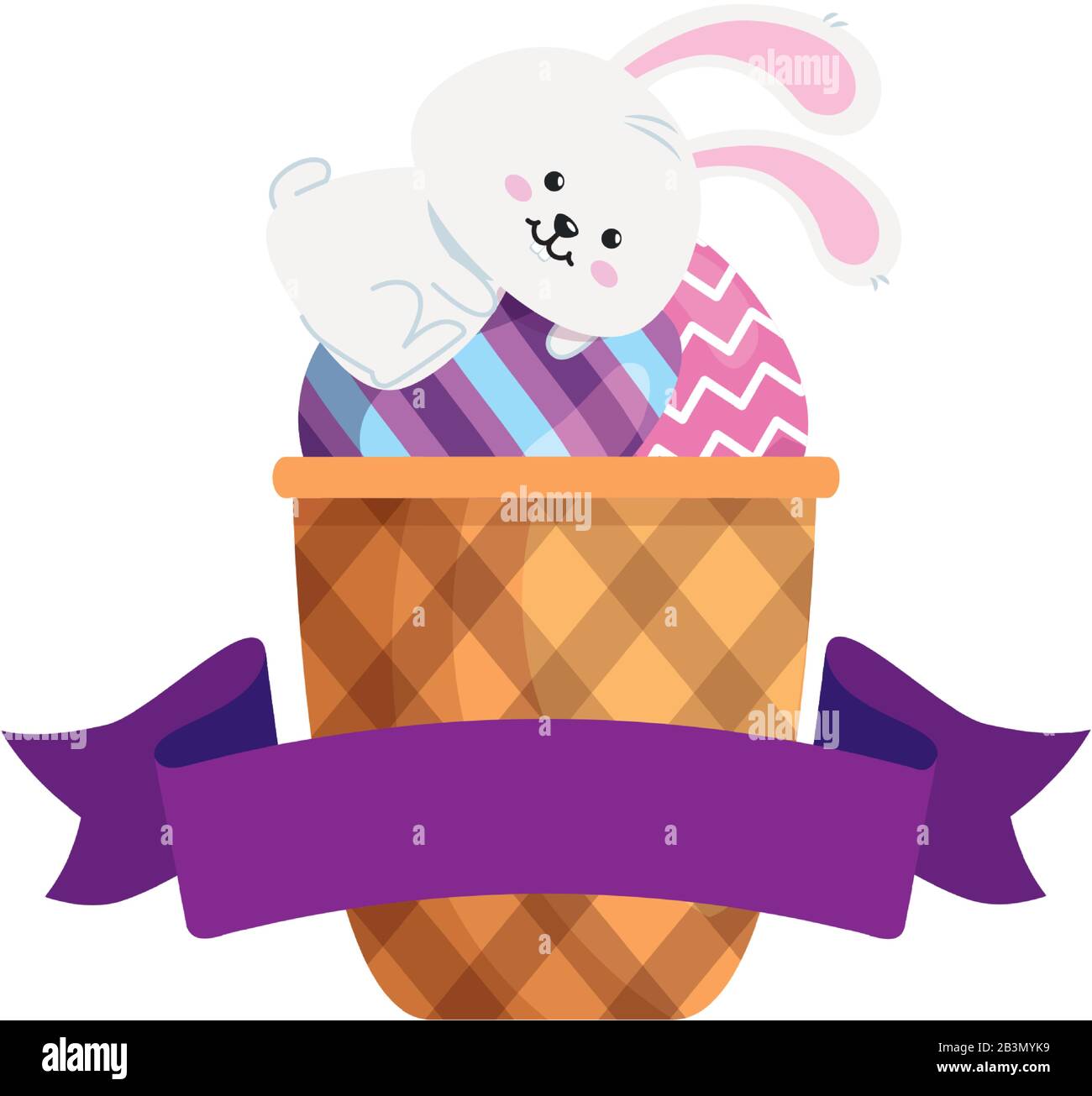 rabbit and set of cute eggs easter decorated in basket wicker Stock ...