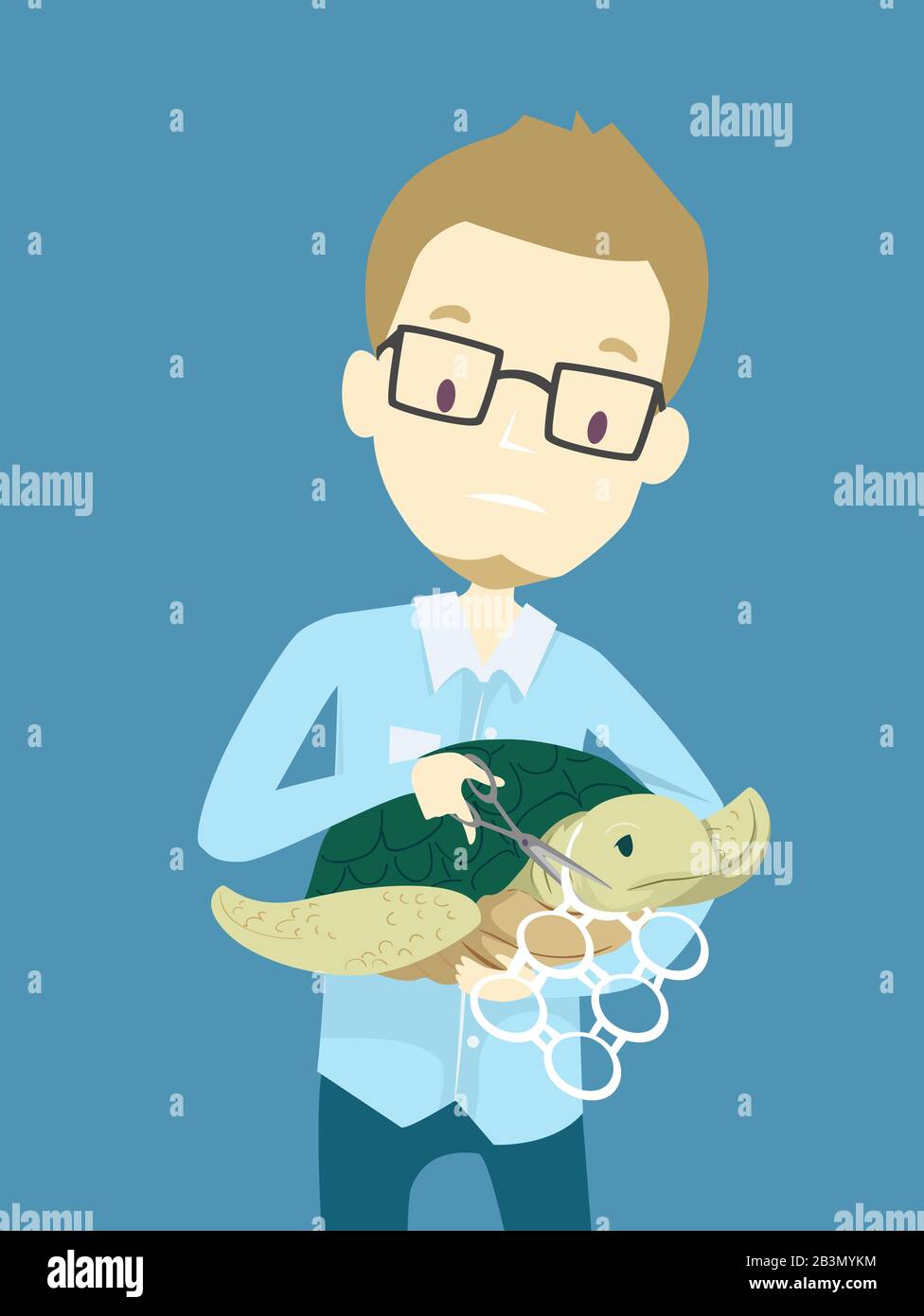 Illustration of a Man Cutting Six Pack Plastic Rings Off a Poor Turtle