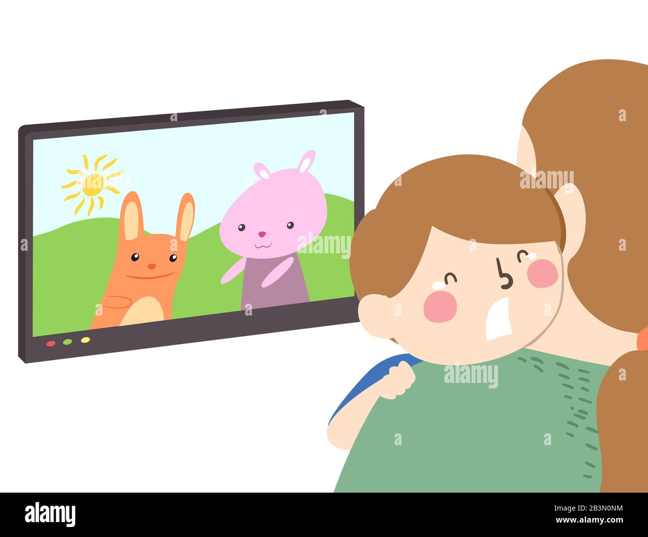 Illustration of a Crying Kid Boy Hugging His Mother and Being Scared of the Cartoons in the Television Show Stock Photo
