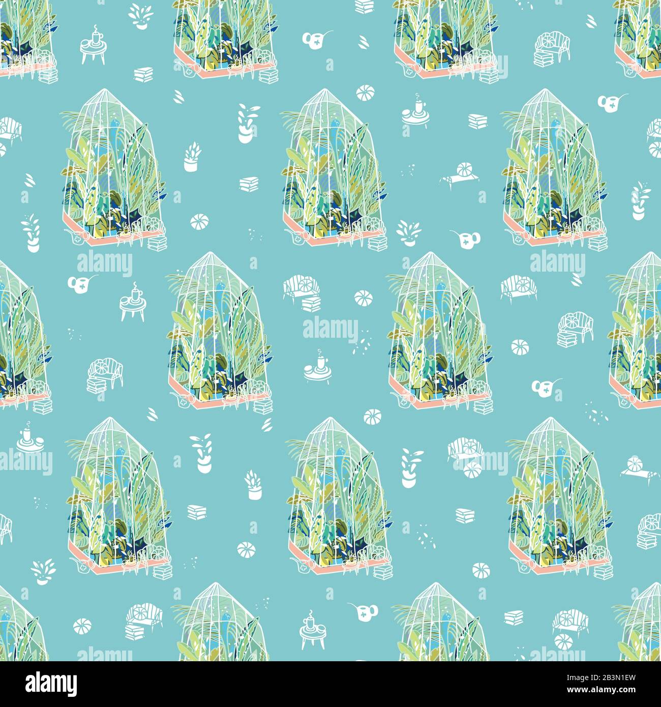 Vector hygge lifestyle exotic greenhouse halfdrop pattern with plants, glasshouse, garden utensil on blue background. Happy cozy tropical plant design. Perfect for garden and plant lovers. Stock Vector