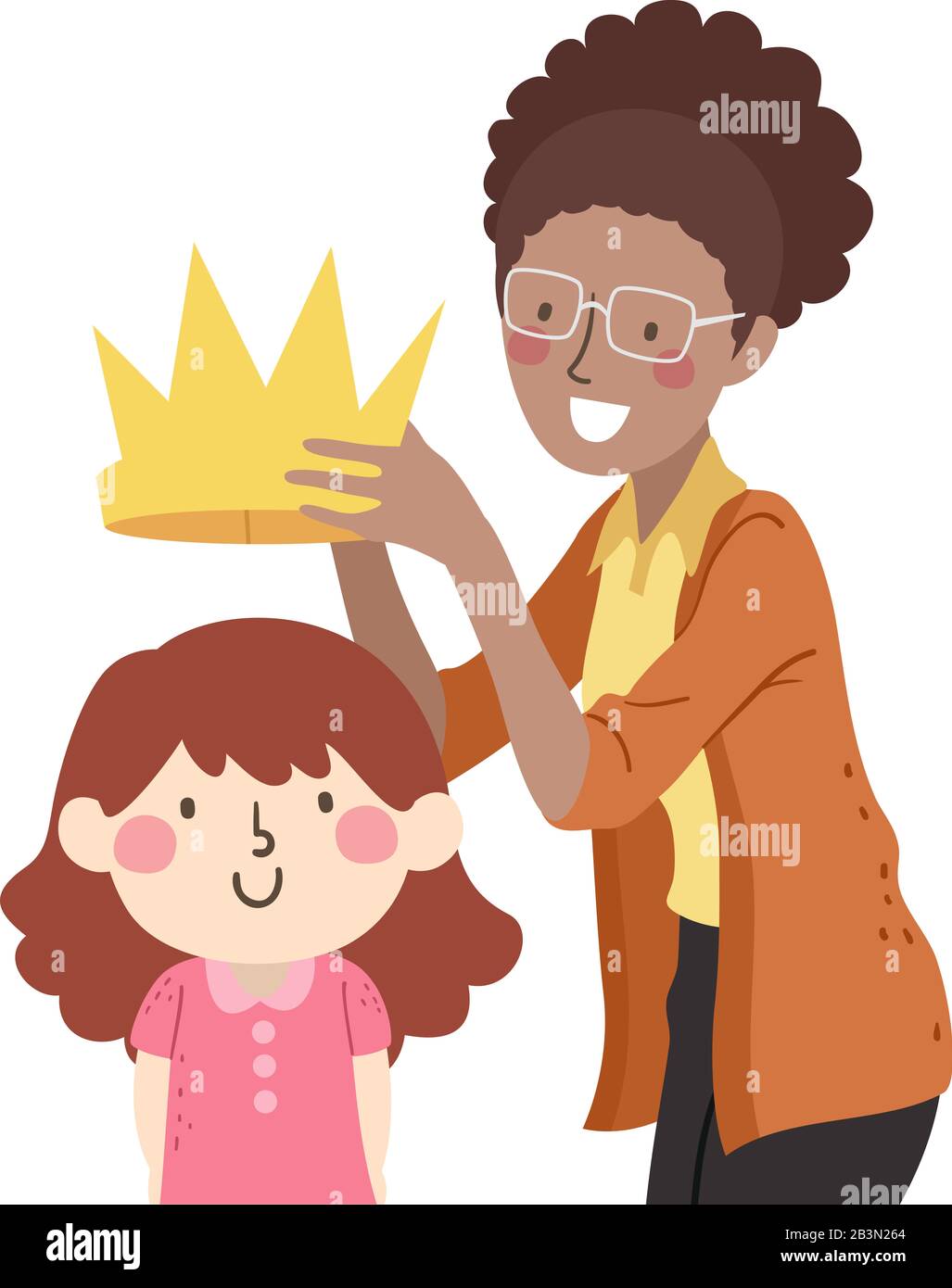 Illustration of a Kid Girl Receiving a Crown From Her Teacher for a