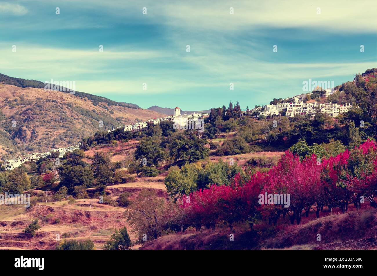 The mountain village of capileira perched on a ridge in the alpujarras mountains, trees stained with autumn colours in the foreground Stock Photo