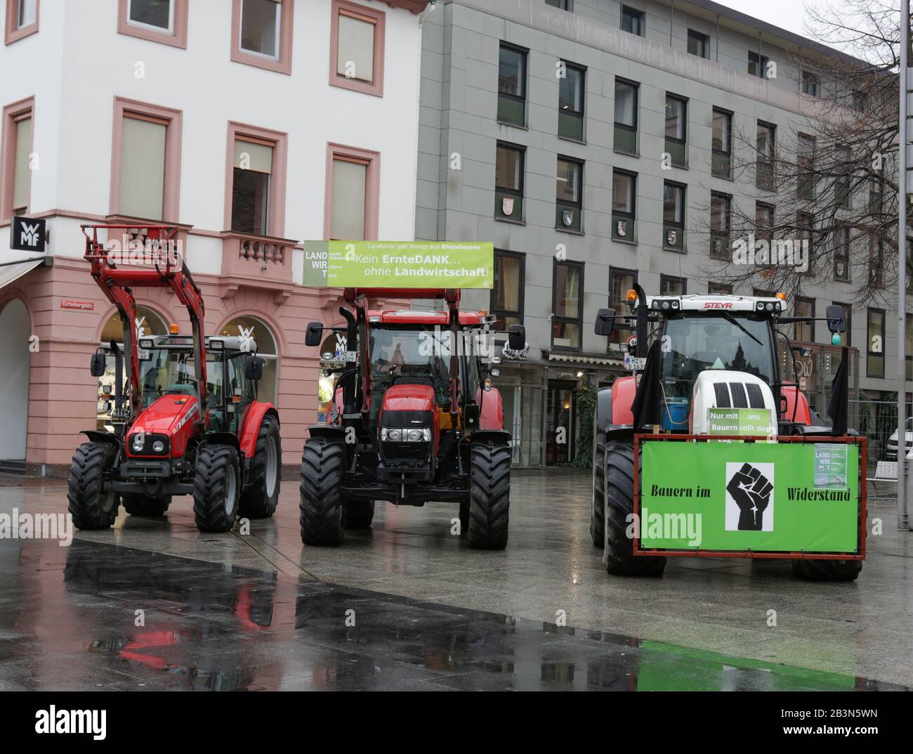 Mainz, Germany. 5th March 2020. The tractors are parked in the city centre of Mainz. A few hundred farmers with their tractor protested in the city centre of Mainz against the new fertiliser regulations and for a better recognition of their work. Stock Photo