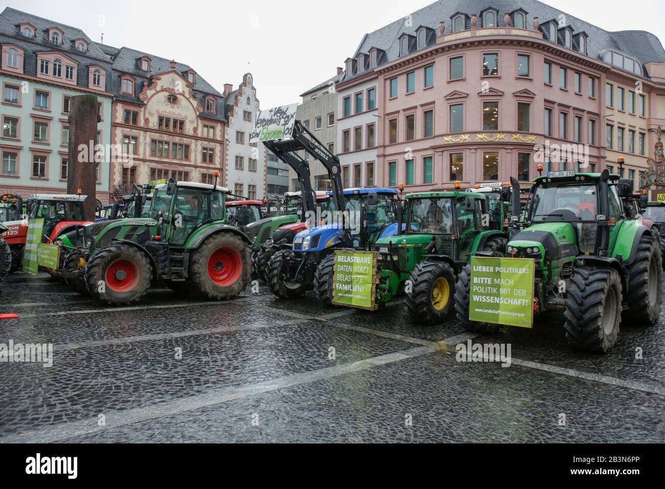 Mainz, Germany. 5th March 2020. The tractors are parked in the city centre of Mainz. A few hundred farmers with their tractor protested in the city centre of Mainz against the new fertiliser regulations and for a better recognition of their work. Stock Photo