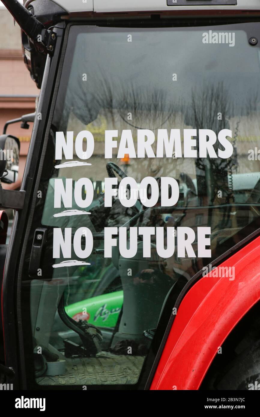 Mainz, Germany. 5th March 2020. A farmer has written “No farmers No Food No Future” on his tractor. A few hundred farmers with their tractor protested in the city centre of Mainz against the new fertiliser regulations and for a better recognition of their work. Stock Photo