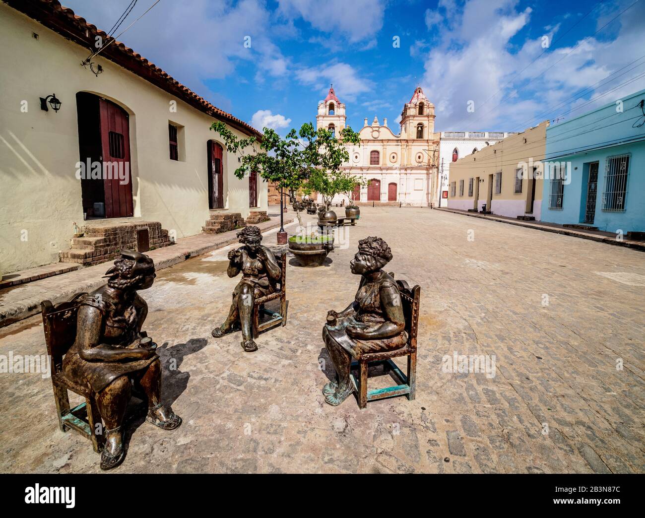 Martha Jimenez Perez Sculptures and Nuestra Senora del Carmen Church, Plaza del Carmen, Camaguey, UNESCO World Heritage Site, Camaguey Province, Cuba, Stock Photo