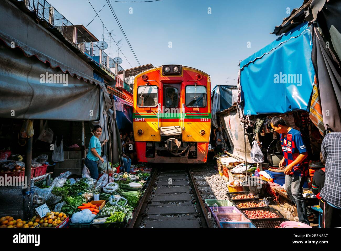 Train going through Maeklong Railway Market, Bangkok, Thailand, Southeast Asia, Asia Stock Photo