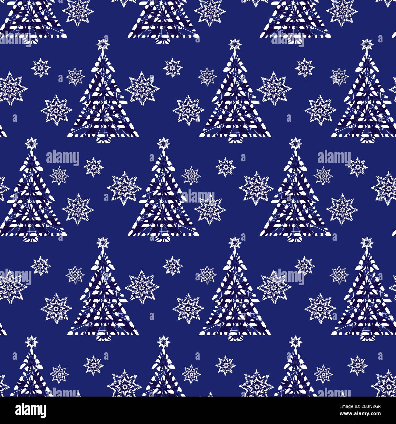 Vector blue monochrome sparkling christmas tree and stars seamless background. Suitable for textile, gift wrap and wallpaper. Stock Vector