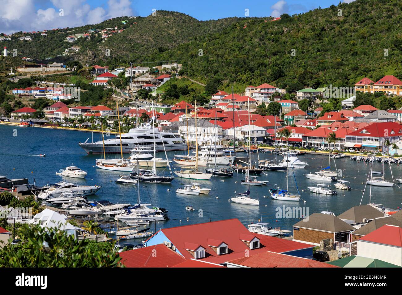 Elevated view of harbour, Gustavia, St. Barthelemy (St. Barts) (St. Barth),  West Indies, Caribbean, Central America