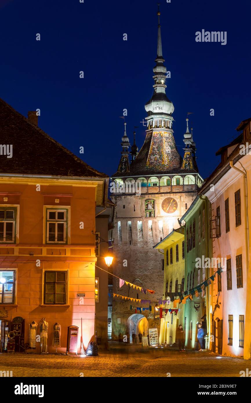 Clock Tower (Turnul cu Ceas) at dusk, Sighisoara, UNESCO World Heritage