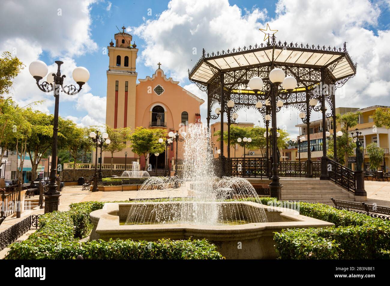 Town square and church of San Antonia de Padua, Barranquitas, Cordillera Central, Puerto Rico, Caribbean, Central America Stock Photo