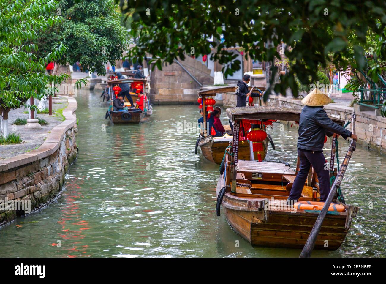 View of boats on waterway in Zhujiajiaozhen water town, Qingpu District, Shanghai, China, Asia Stock Photo