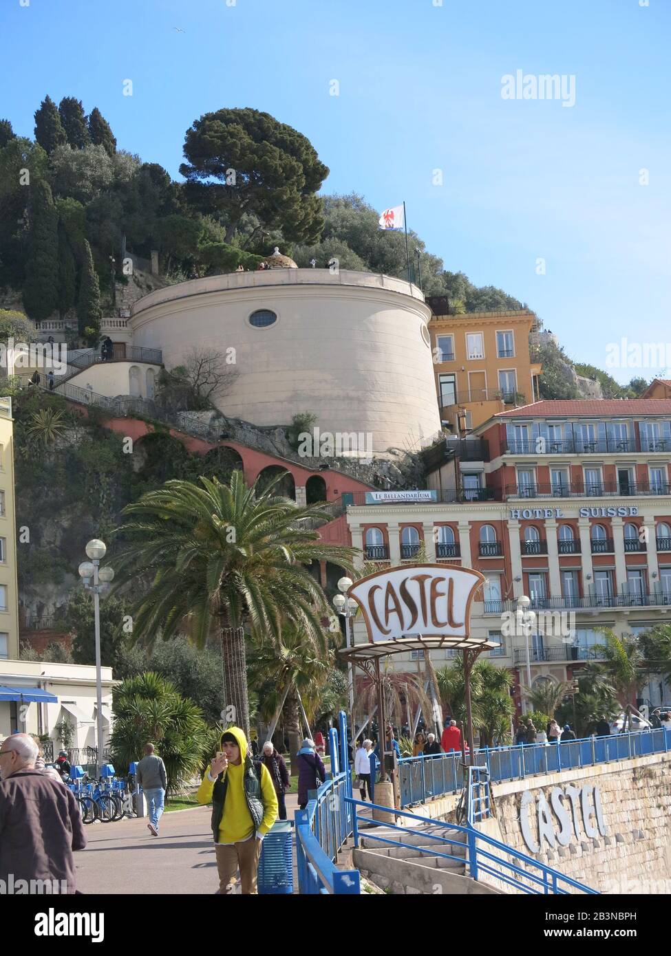 View from Castel Plage looking towards the Bellanda round tower and the Parc de la Colline, Nice on the Cote d'Azur. Stock Photo