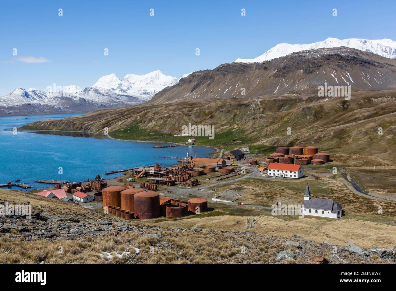 The abandoned Norwegian whaling station at Grytviken, now cleaned and open to tourism, South Georgia Island, Polar Regions Stock Photo