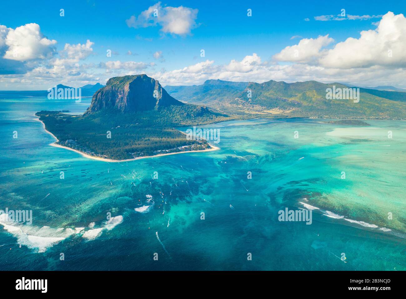Aerial view of Le Morne Brabant and the Underwater Waterfall optical illusion and natural phenomena, Mauritius, Indian Ocean, Africa Stock Photo