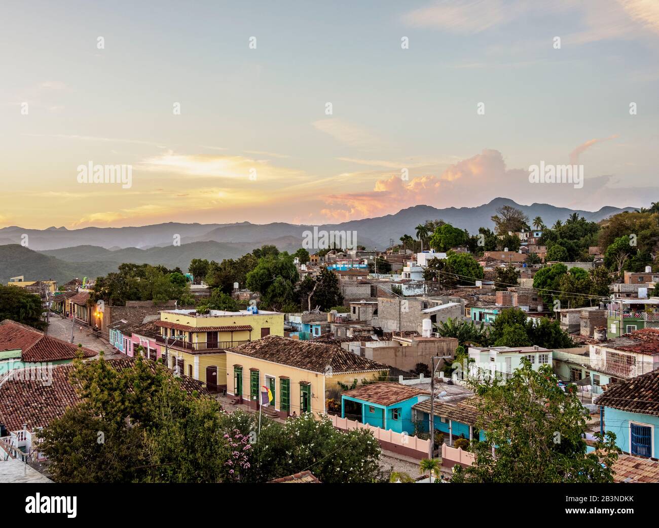 Townscape at sunset, elevated view, Trinidad, Sancti Spiritus Province, Cuba, West Indies, Caribbean, Central America Stock Photo