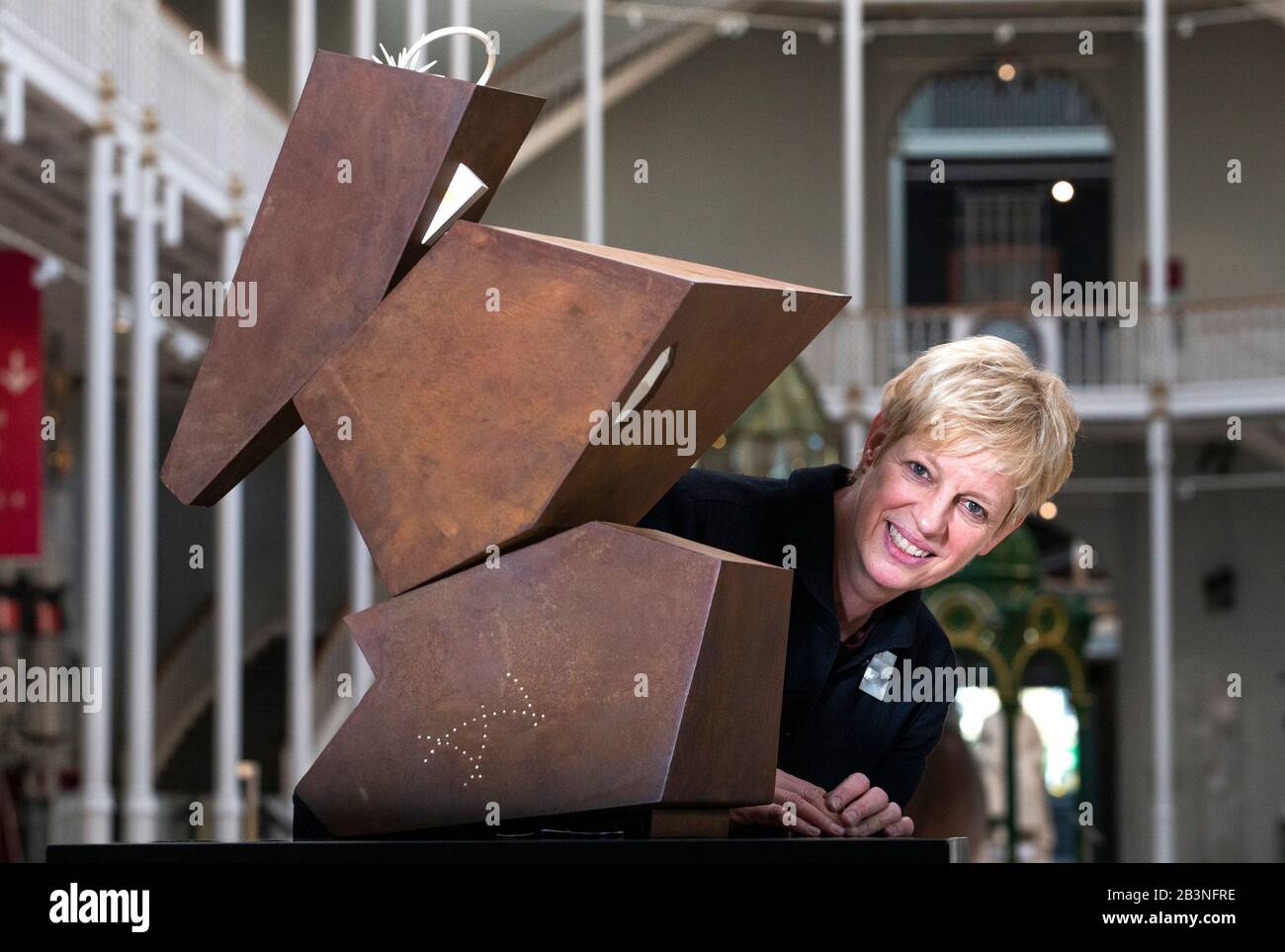 Artist Simone ten Hompel unveils her sculpture 'Coordinate' prior to going on permanent display at the National Museum of Scotland, Edinburgh. Stock Photo