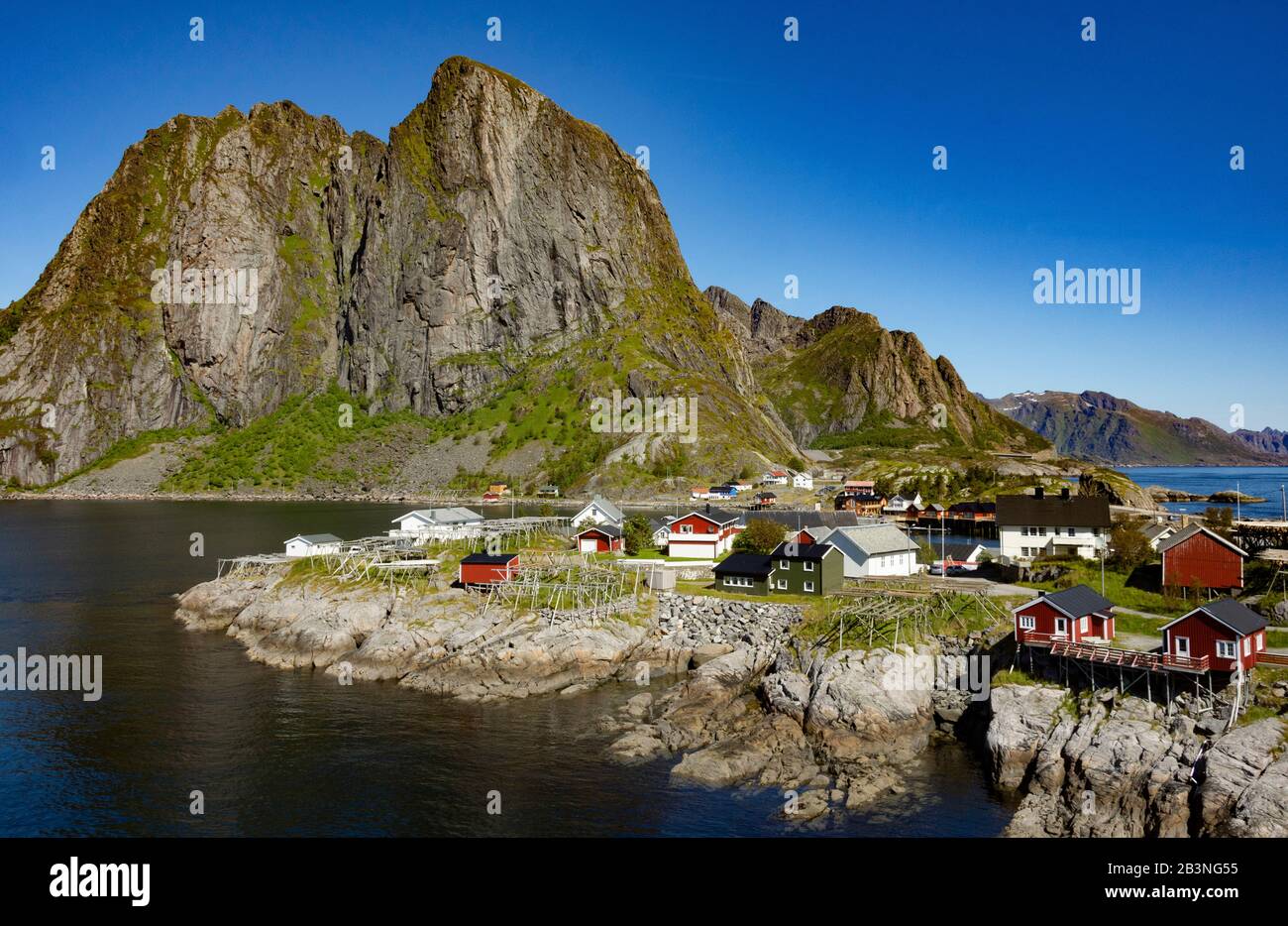 Fishing village on strandflat of Hamnoy, Reinefjorden Islands, Lofoten, Scandinavia, Norway, Europe Stock Photo