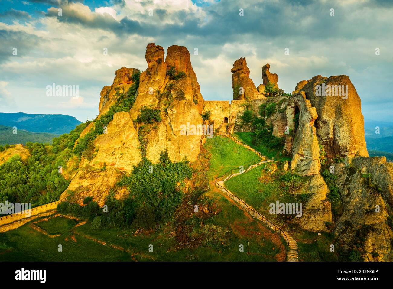 Aerial view by drone of Kaleto Rock Fortress rock formations, Belogradchik, Bulgaria, Europe Stock Photo
