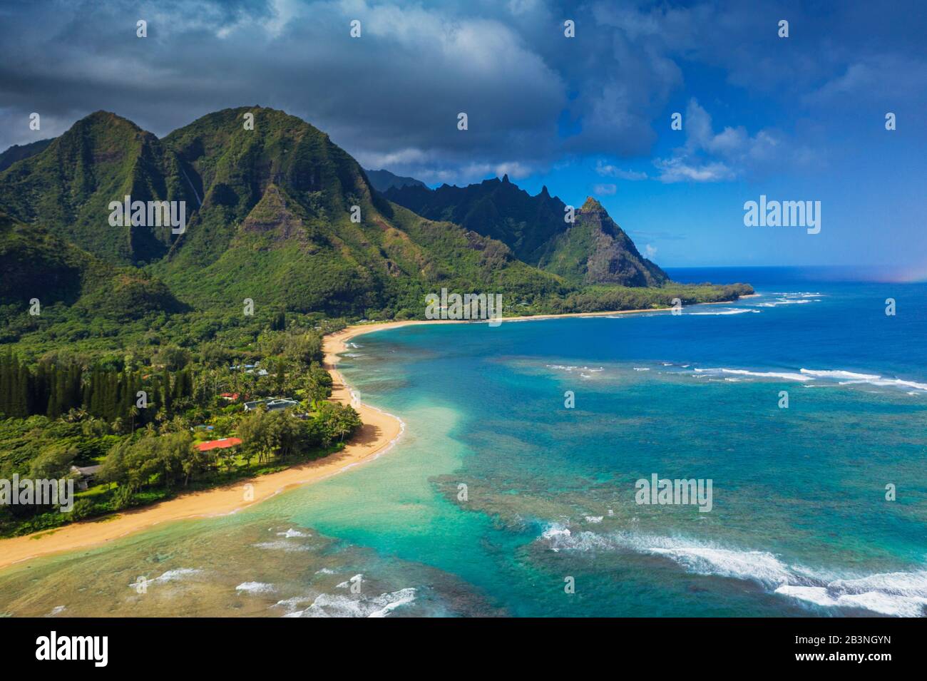 Aerial view by drone of Tunnels Beach, Haena State Park, Kauai Island