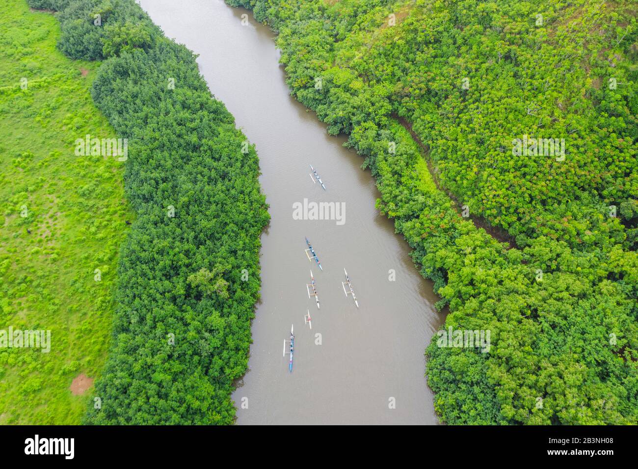 Drone view of kayakers on Wailua River, Kauai Island, Hawaii, United States of America, North America Stock Photo