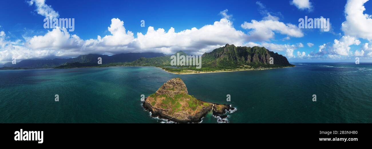 Aerial view by drone of Kaneohe Bay and Mokolii island (Chinaman's Hat), Oahu Island, Hawaii, United States of America, North America Stock Photo