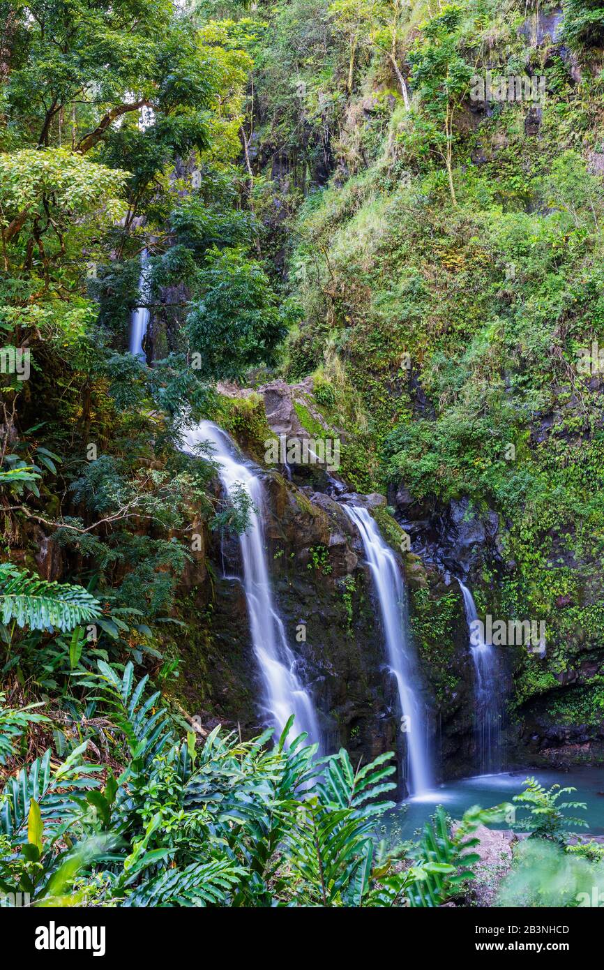 Three Bears falls, waterfall on the road to Hana, Maui Island, Hawaii